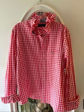 Up-cycled trendy Crown & Ivy dark pink/white check Ruffle Collar ButtonUp Blouse